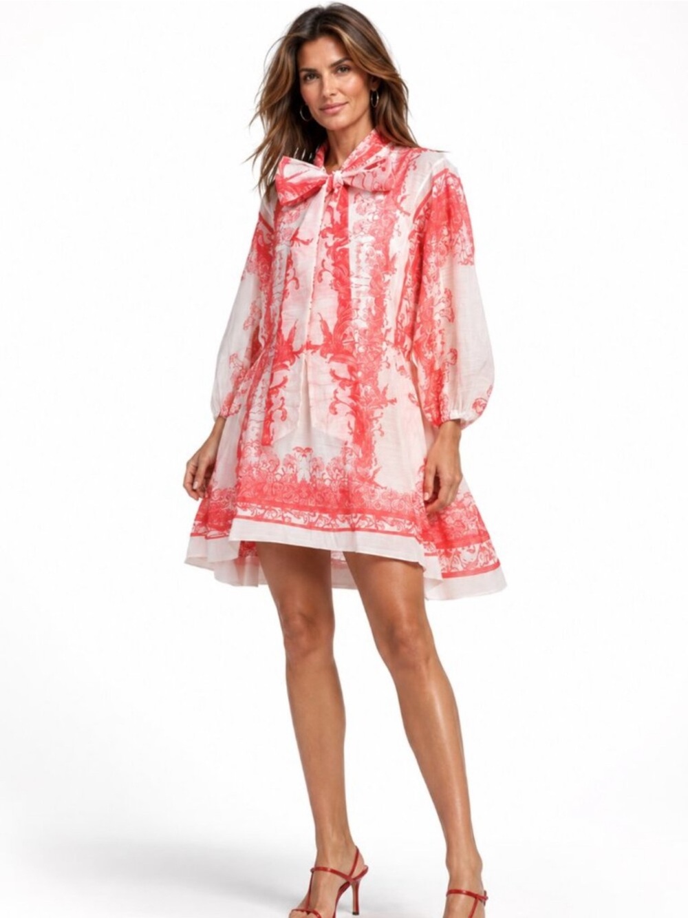 NWT Printed Coral Tie-Neck Mini Dress